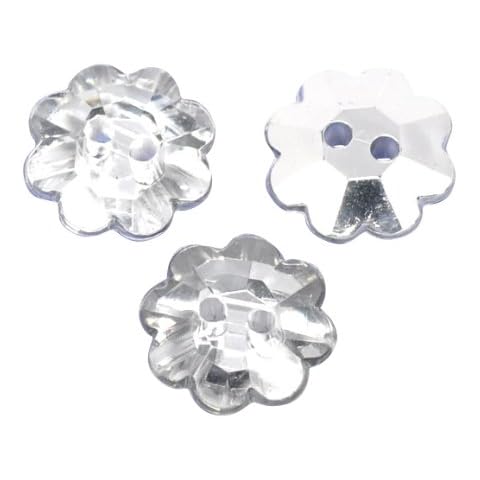 Pack of 10 13mm Clear Faceted Acrylic, Crystal Look, Silver Plated Back, 2 Holes Flower Buttons, for Sewing, Scrapbooking, Embelishments, Crafts, Jewellery making, shabby chic, Knitting Cover
