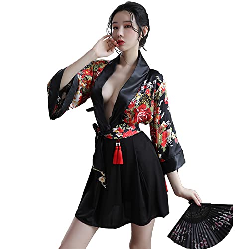 Sexy Anime Cosplay For Women Cheongsam Lingerie Dress Japanese Kimono Costumes Dancer Chemise Side Slit - Black