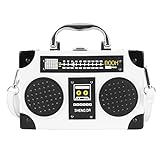 Vintage Radio Recorder Clutch Handbag Leather Top Metal Handle Crossbody Small Box Bag Shoulder Bag, White