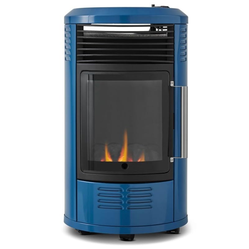 FAVEX - Chauffage d'appoint à gaz Volga Bleu émaillé - Prêt à l'emploi livré avec tuyau et détendeur - Infrableu effet feu de cheminée - 6 puissances de chauffe Thermostat - Jusqu'à 40 m²