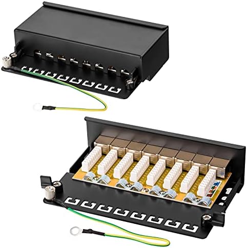 HB-DIGITAL 8-Port Cat 6a LSA Patch Panel, shielded, black distribution panel Cat.6a (500 MHz) Desktop (table) & wall mounting 8X RJ45 socket Professional, TIA568A or TIA568B grounding cable