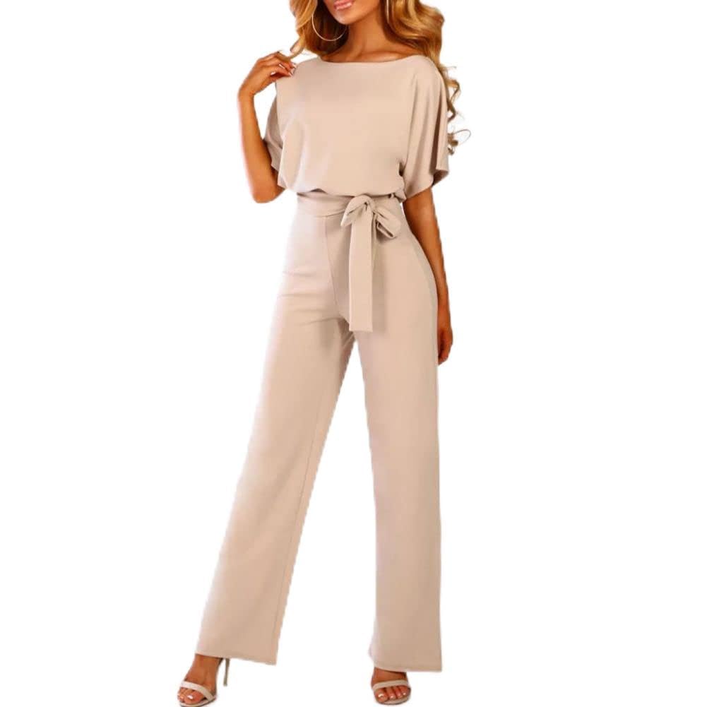 JFYZLT Women Elegant Jumpsuit Playsuit Clubwear Straight Leg Short Sleeve Jumpsuit With Belt Solid Color Overalls For Women