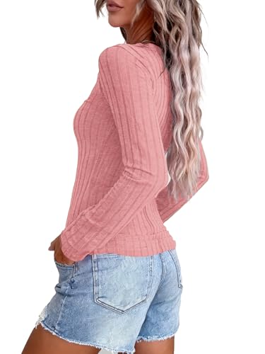Image of APOFER Women's Long Sleeve Tunics Lightweight Ribbed Knit Blouse Scoop Neck Tops Snap Button Slim Fit Casual Henley Shirt