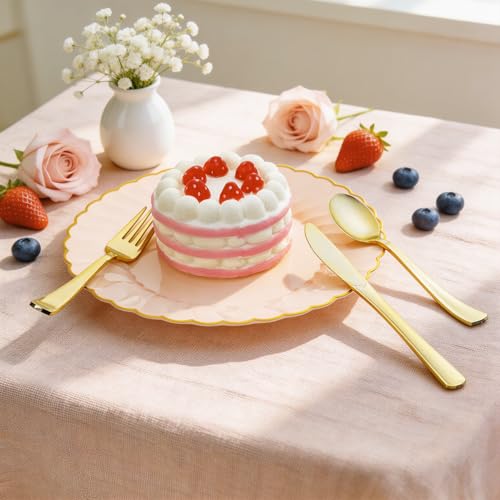 175pcs Pink Plastic Plates for Party, Scalloped Pink Disposable Plates with Gold Rim Elegant 25 Dinner, 25 Dessert Plate, 25Cups, 25 Napkins, 75 Gold Silverware for Baby Shower/Birthday/Weddings — view 3