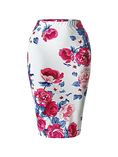 SSOULM Women's Work Office Stretchy Fitted Midi Pencil Skirt with FLORALIVORY Slit and Plus SizeFLORALIVORY XL2