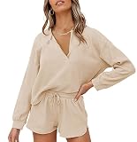 Lingswallow Damen Waffel-Lounge-Sets – Langarm und Shorts Pyjama-Set Zweiteilige Outfits für Frauen Sweatsuits Loungewear, Langarm Beige, S