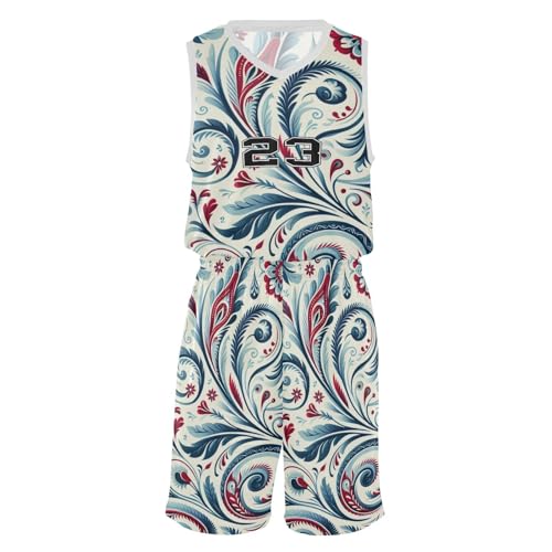 FLildon Blue and Red Floral Boys Basketball Jersey Set Tank Top Shorts Tracksuit Sport Training Suit for Kids, L