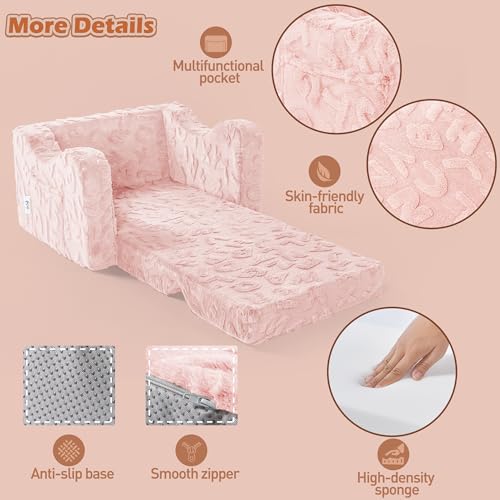 KokoSelene Toddler Couch, 2-in-1 Convertible Kids Chair to Lounger Bed, Baby Sofa for Toddler Boys Girls, Ideal for Reading Gaming Playing Decor (Pink)