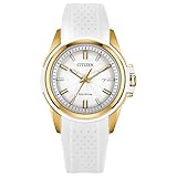 CITIZEN Eco-Drive Veya para mujer, caja de acero inoxidable en tono dorado de 33,4 mm con correa de silicona blanca y esfera blanca plateada (estilo: FE1262-03A)