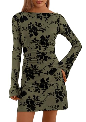 Image of PRETTYGARDEN Women's Fall Floral Long Sleeve Mini Dress | Printed Sheer Mesh, Bell Sleeve Boat Neck, Bodycon Short Dresses, Party Date Night, Cute Casual Outfits, Fashion Clothing