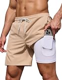 COOFANDY Mens Swim Trunks 7 Inch Board Shorts Swimwear Summer Beach 5 Inch Quick Dry Lined Bathing Suits Khaki Tan