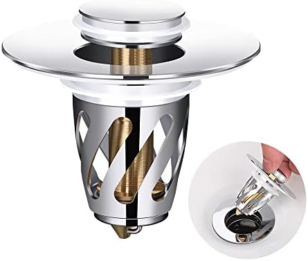 HAOMIAO Bathroom Sink Stopper, Brass Pop Up Wash Basin Plug Cover for Bathtub drains, Anti-Clogging Bath Plug Stopper Sink Drain Strainer with Basket Spiral Drainage is Faster(Chrome)