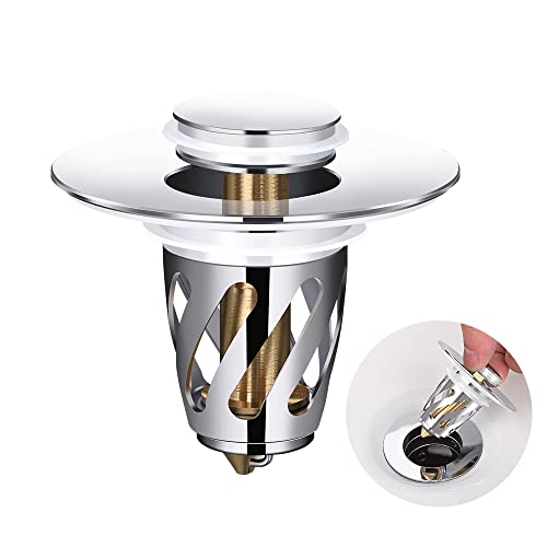Haomiao Bathroom Sink Stopper, Brass Pop Up Wash Basin Plug Cover For Bathtub Drains, Anti-Clogging Bath Plug Stopper Sink Drain Strainer With Basket Spiral Drainage Is Faster(Chrome) #TOP3