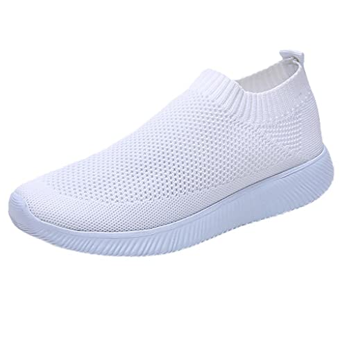 SIGOYI Chaussures plates à enfiler pour femme, en maille respirante, élastique, couleur unie, confortable, chaussures plates, adolescentes, filles, blanc, 39.5 EU Cover