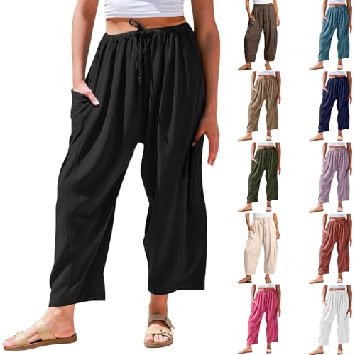 leinenhose damen schwarz weiß Leinenhose Sommer 7/8 Sommerhose Leicht und Luftig Caprihose Atmungsaktiv Dünne Stoffhose Bequeme Casual Freizeithose Einfarbig Lockerer Strandhose sommerhosen damen bunt