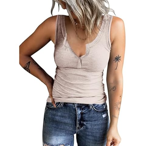 KINLONSAIR Women's Sleeveless Henley Tank Tops Summer Ribbed Button Down Casual T Shirts Slim Fit V Neck Tee Tops Khaki Cover
