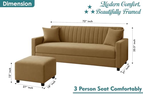 Image of 3 Seater Wooden Sofa Set with Ottoman for Living Room | Premium Velvet Fabric Wooden Frame | Modern Design | Comfortable Cushioned Sofafor Home, Office & Lounge | Golden