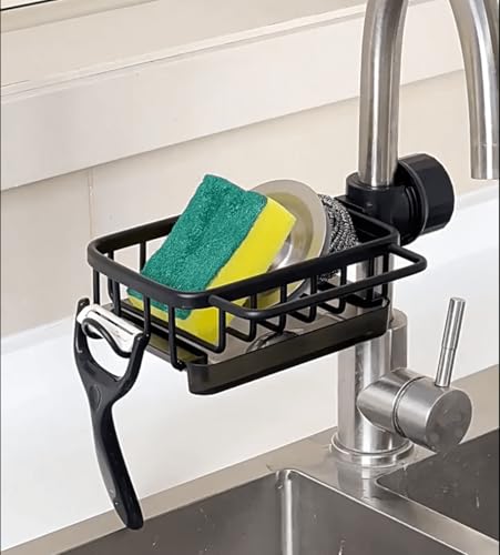 MABULA Kitchen Sink Faucet Organizer, Over Faucet Sink Organizer with Drip Tray, Adjustable Sponge Holder, Space Organizer Rack for 0.7-1.1 inch Round Water Pipe (Black)