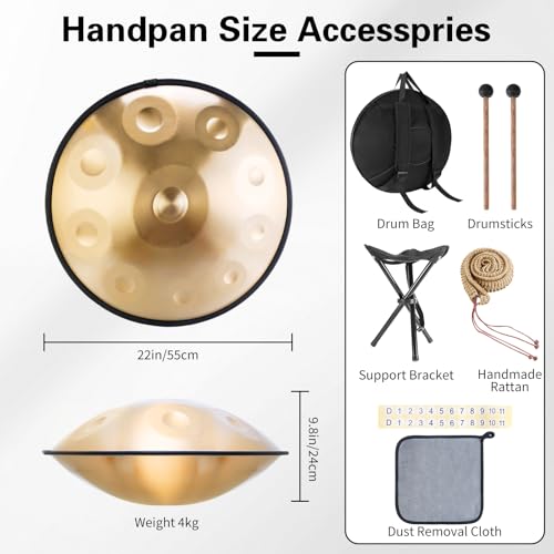 BIILOYY Handpan Instrument 440 Hz,10 Töne 22 Zoll Handpan Drum,Hand Pan in d-Moll,\Gold Performer\ Zungentrommel mit Tasche,Schlägel,Ständer,für Anfänger,Profis,Musiktherapie (Gold, 10 Töne 440 Hz)