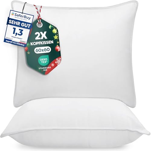 Utopia Bedding KopfKissen (2er Set), 60 x 60 cm Schlafkissen, Atmungsaktiv et Weich Kissen (Weiß)