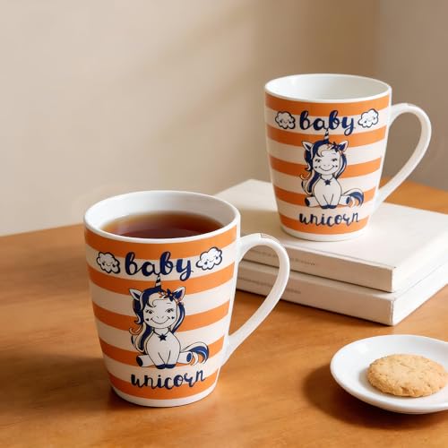 Image of U.P.C.Milk Mug Set of 2 | Ceramic & Bone China Coffee Milk Cups | Designer Printed Tea Coffee Mug Set | Large Capacity Milk Mugs | Microwave Safe Cup Set | Drinkware Gift Set (Unicorn baby -Orange)