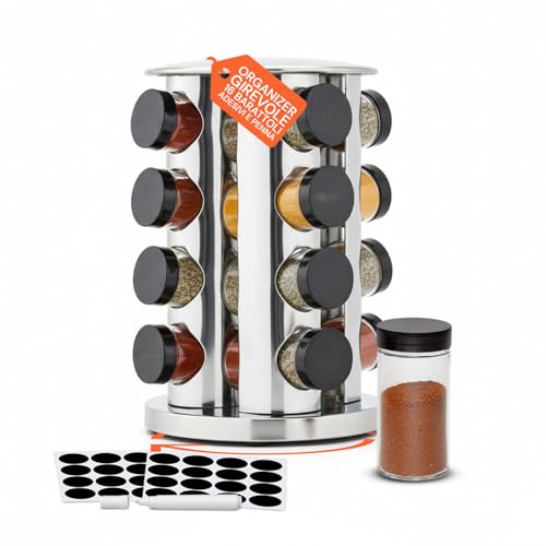 Avilia Portaspezie Girevole 360° con 16 Barattoli in Alluminio – Porta Spezie Salvaspazio Alzatina Cucina Rotante a 2 Livelli con 32 Etichette e Penna – Organizer Dispensa Cucina