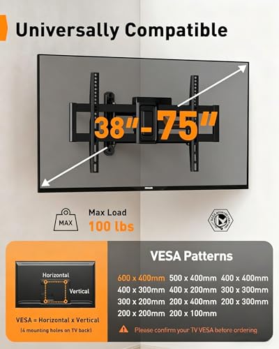 Image of Perlegear Long Arm TV Wall Mount Full Motion with Surge Protection Power Strip for 38-75 Inch TVs, Corner TV Mount with 31.5″ Long Extension, Swivel, Tilt, Max VESA 600x400mm, Holds up to 100 lbs