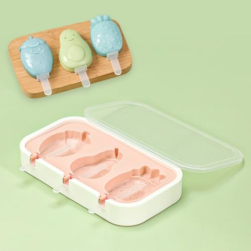 Image of 3 Fruit Shape Cavity Non-Stick Silicone Ice Cream Mould with Lid & 6 Plastic Sticks Reusable Ice Lolly, Frozen Candy, Kulfi Molds, BPA-Free Stackable DIY Icecream Popsicle Maker (Multicolor)