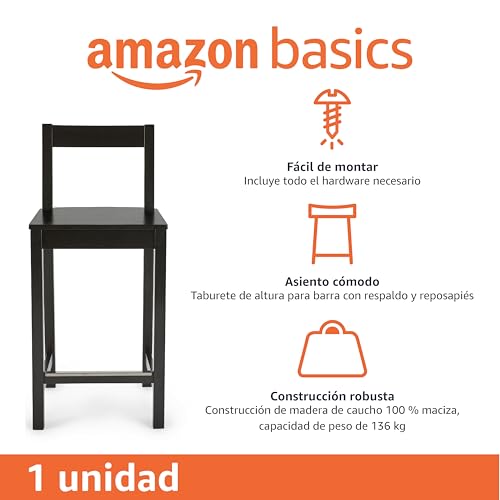 Silla tipo taburete de la marca Amazon Basics, fácil de montar y con un diseño robusto de madera de caucho
