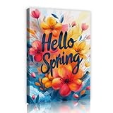 こんにちは春のキャンバスウォールアートカラフルな花の絵画フレーム付きキャンバスプリントリビングルームベッドルームモダンホームデコレーション70x105cmインナーフレームのためのボタニカルウォールデコレーション