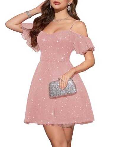 Meetjen Cocktailkleid Damen Abendkleid Kurz Tüll Elegant Partykleid mit Pailletten Knielang Spaghettiträgern für Abschlussball Rosa L