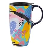 Topadorn Ceramic Mugs Porcelain Latte Tea Cup Coffee Mug with Lid and Handle Coffee Cup,17oz.Abstract