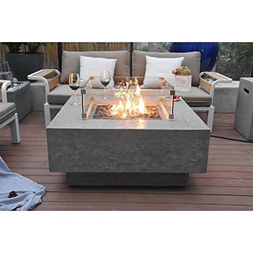 Elementi Manhattan 36\" Concrete Outdoor Propane Firepit Table, 22\" Square Tempered Glass Firepit Windscreen, & Stainless Steel 21\" Square Table Cover