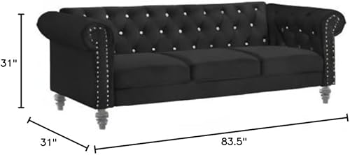 Miniatura 16 de New Classic Furniture Glam Emma - Sofá de terciopelo de tres plazas estilo Chesterfield para espacios pequeños con botones de cristal, azul rey Azul