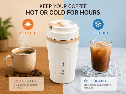 Image of Kitchivo Multipurpose Insulated Travel Mug - 350ml | Double Wall Stainless Steel Flask for Coffee, Tea & Milk | 100% Leak-Proof | Keeps Hot & Cold for Hours | Car Friendly (Cream White)
