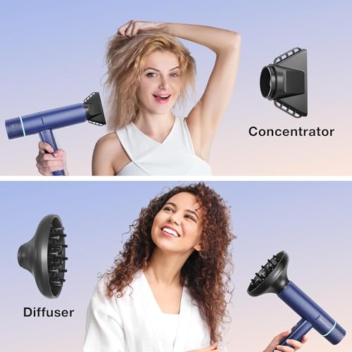 Image of Ionic Hair Dryer with Diffuser and Concentrator, Professional Lightweight Quiet Blow Dryer, Powerful 1600 Watt Motor for Fast Drying and Straight & Wavy Hair, 3 Temps /2 Speeds, 6.56 Ft Cord, Blue