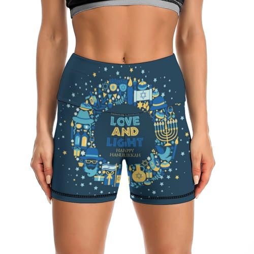 Happy Hanukkah Jewish Chanukah Holiday High Waist Yoga Shorts for Women Athletic Shorts Leggings Running Pants Black
