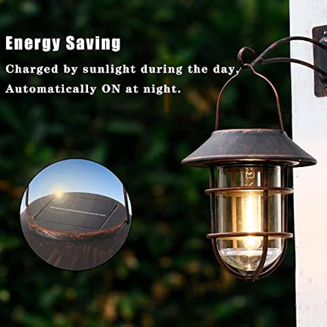 Solar Lantern Outdoor Hanging Solar Lights, Waterproof Metal Outdoor Lights with Clear Glass, LED Edison Bulbs Cordless Decorative Aluminum Wall Lantern with Hooks, Bronze