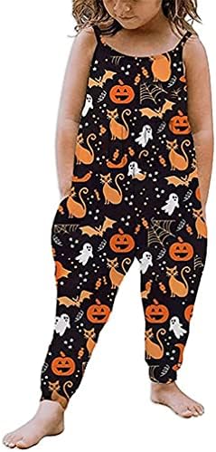 Kids Toddler Baby Girls Sleeveless Jumpsuit Halloween Ghost Pumpkin Witch Graphic Romper Harem Pants with Pocket Outfits (Black, 2-3T)