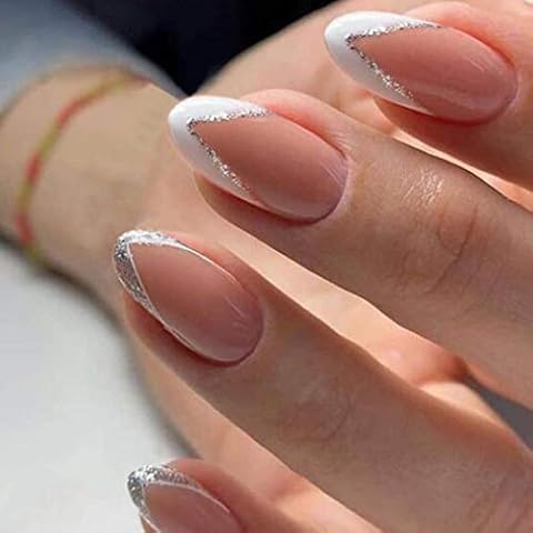 Brishow Coffin False Nails French Short Fake Nails Pink Glitter Press on Nails Ballerina Acrylic Full Cover Stick on Nails 24pcs for Women and Girls Cover