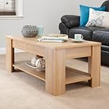 GFW Lift Up Coffee Table With Hidden Storage For Living Room. Modern Wooden Lift Top Coffee Tables With Display Shelf & Storage Compartment For Media & Accessories, Oak, H39.5cm x W105cm x D50cm