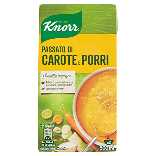 Knorr Passato Carota e Porro, Piatti Pronti Knorr con Ingredienti Naturali, Senza Coloranti e Senza Conservanti Aggiunti, Ricco di Fibre, Vegano, 500ml