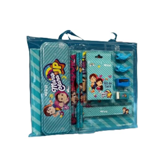 First Maria Clara e JP Kit Escolar Completo, Azul, com Estojo Rígido, Caderno, Lápis, Giz de Cera, Régua, Borracha e Apontador, Material Escolar Infantil