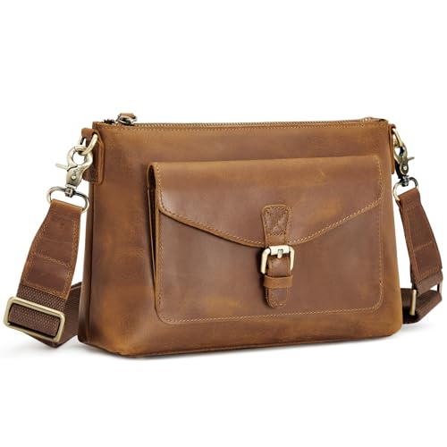 S-ZONE Genuine Leather Crossbody Bags for Women Trendy RFID Blocking Shoulder Bag Purse Handbag with Zipper Pocket - Light Brown