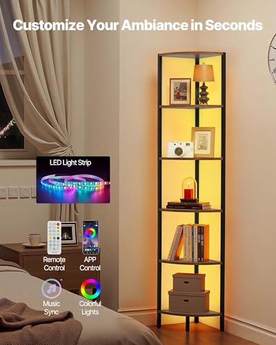 Image of VEVOR 6 Tier Corner Shelf with LED Light, 68 inch Tall Corner Bookshelf with Storage Shelves for Collectibles, Display Shelf with Multi-Color Lights Controlled Via RC /APP for Bedroom, Living Room, Office