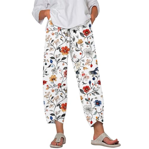 Cotton Linen Capri Pants for Women Summer Wide Leg Comfy Lounge Cropped Pants Plus Size Palazzo Trousers with Pockets