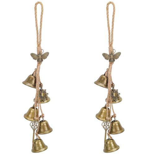 GORGECRAFT 2 Stück Messing Hexenglocken Windspiel Antik Bronze Metall Vintage Glücksmotte Sonnen Charme Dekorative Handgefertigte Hängeglocken Windspiel Mit Hanfkordel Für Zuhause Garten Outdoor Ausve