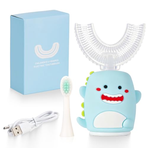 Renaelelife Kids Sonic Electric Toothbrush U Shaped Automatic Timer IPX7 Waterproof 5 Modes 360 Oral Cleaning Teeth Whitening Gums Massage Replaceable Soft Cartoon for 2-7 (Blue Dinosaur)