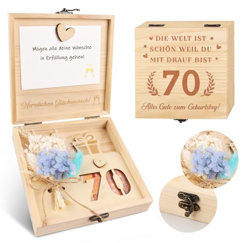 TUZELIYA 70 Geburtstag Frau, Geldgeschenke Holz mit Geburtstagskarte Trockenblumen, Geschenke zum 70 Geburtstag Frau Geldgeschenke Verpacken
