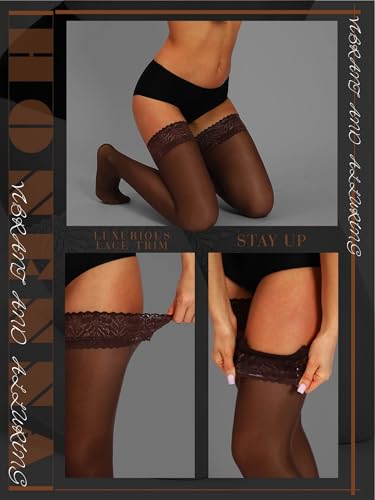 Image of HONENNA Semi Sheer Stay Up Lingerie Thigh High Stockings Lace Top Size A-F